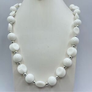 Vintage White Lucite Beaded Necklace Silver Spacer Mid Century Modern